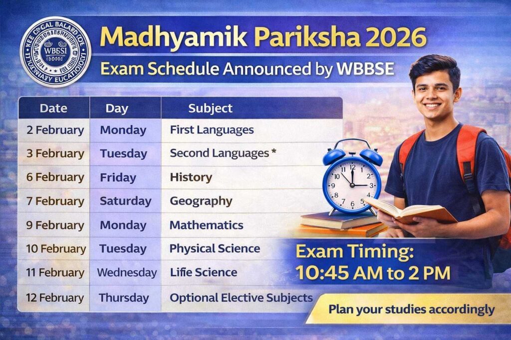 2026 Madhyamik Exam Schedule Released by WBBSE (10th) Check Subject-wise Dates and Timings