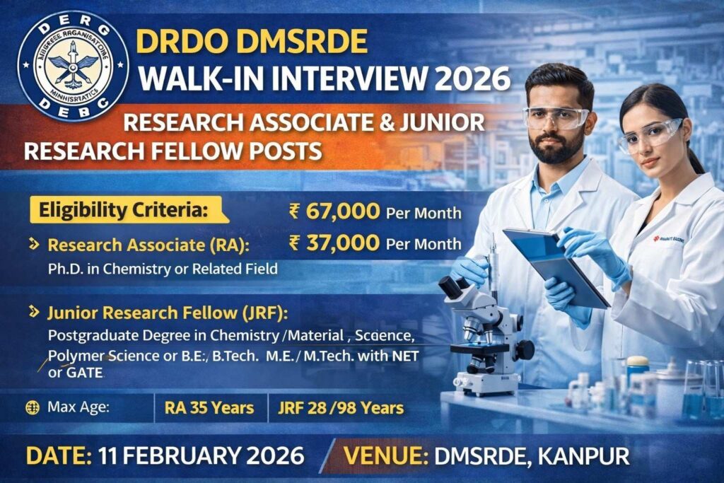 DRDO DMSRDE Walk-In Interview 2026 Research Associate and Junior Research Fellow Posts Open