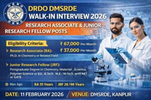 DRDO DMSRDE Walk-In Interview 2026 Research Associate and Junior Research Fellow Posts Open