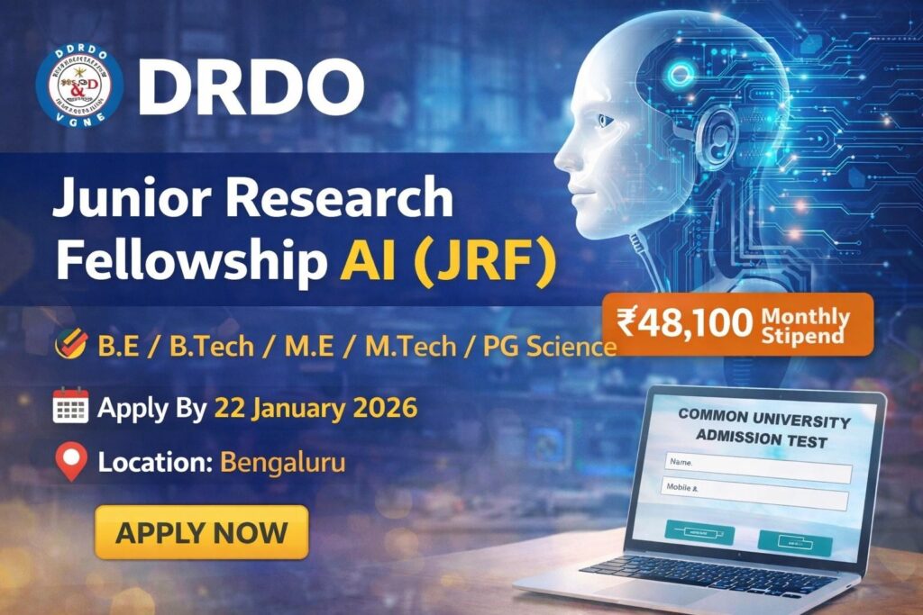 DRDO Invites Applications 2026 for Junior Research Fellowship (JRF) in Artificial Intelligence, Stipend ₹48,100