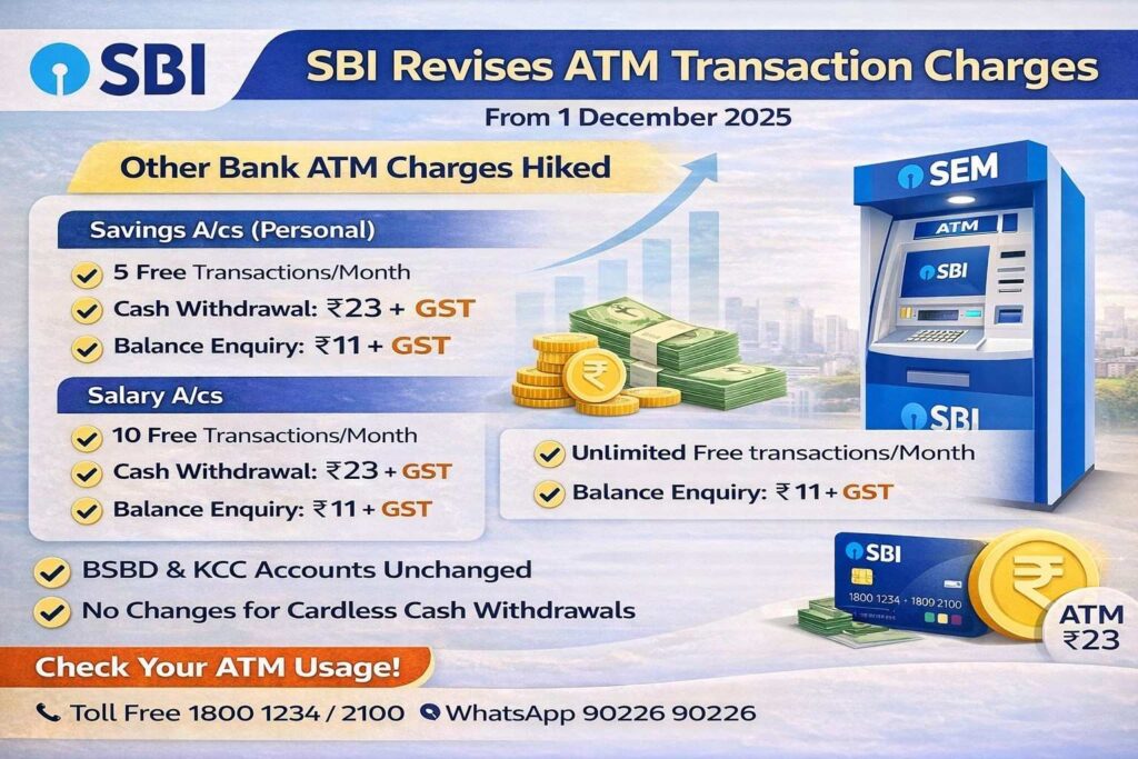 SBI Revises ATM Transaction Charges from 1 December 2025 Cash Withdrawal and Balance Enquiry to Cost More at Other Bank ATMs